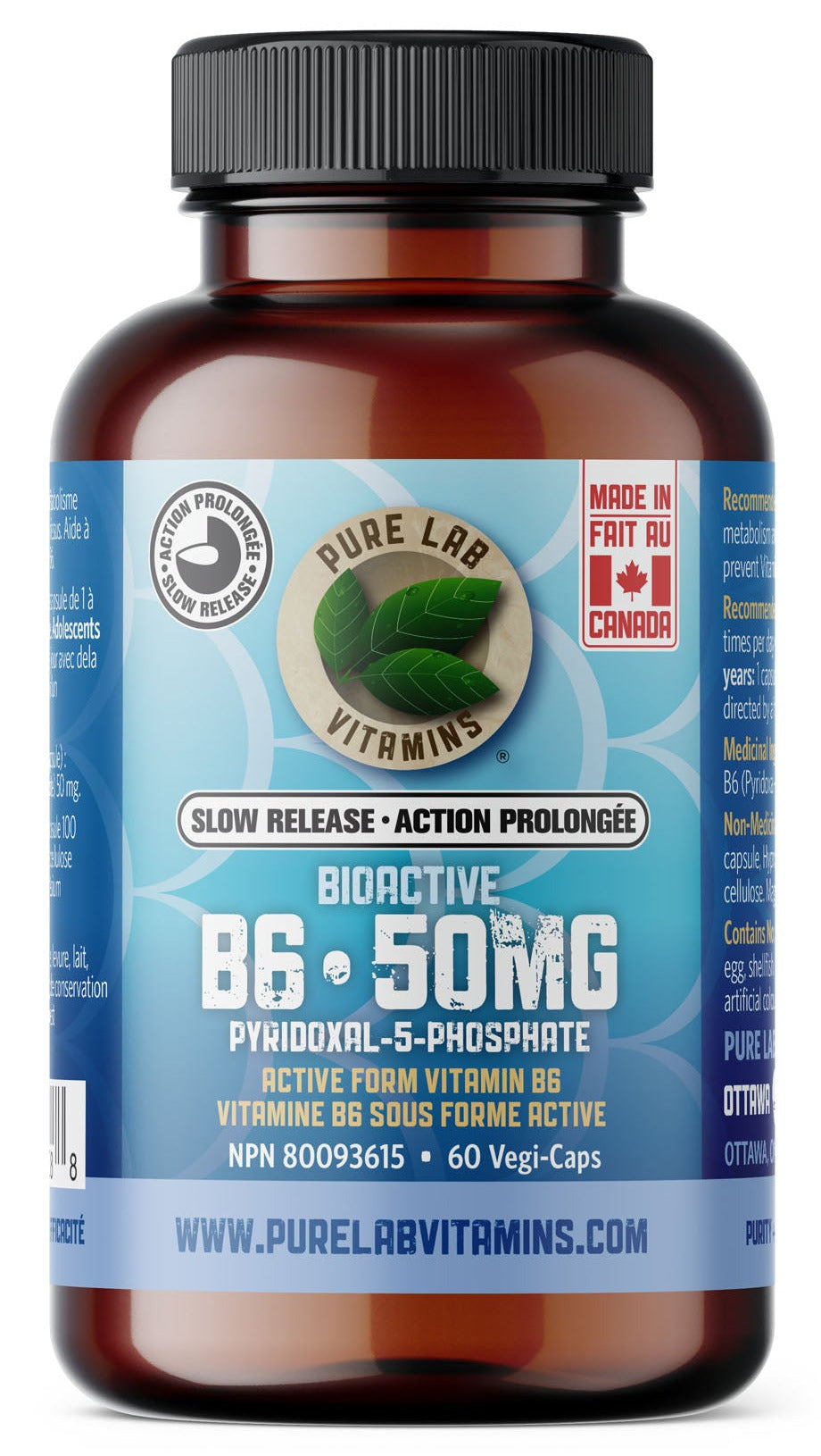 PURE LAB VITAMINS Bioactive B6 50 mg (Slow Release - 60 veg caps)