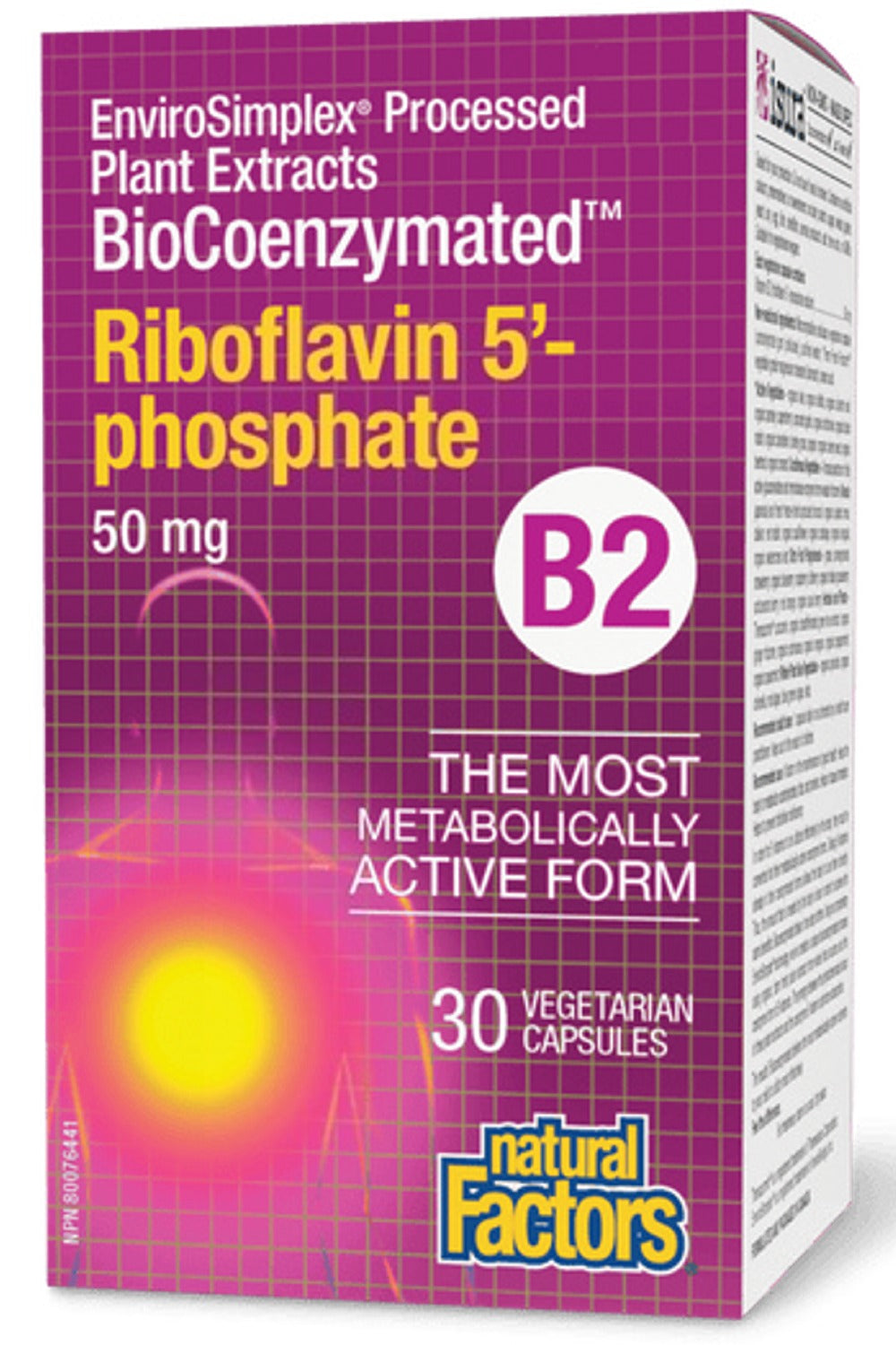 Natural Factors BioCoenzymated Riboflavin 5’-Phosphate • B2 50 mg, 30 Vegetarian Capsules