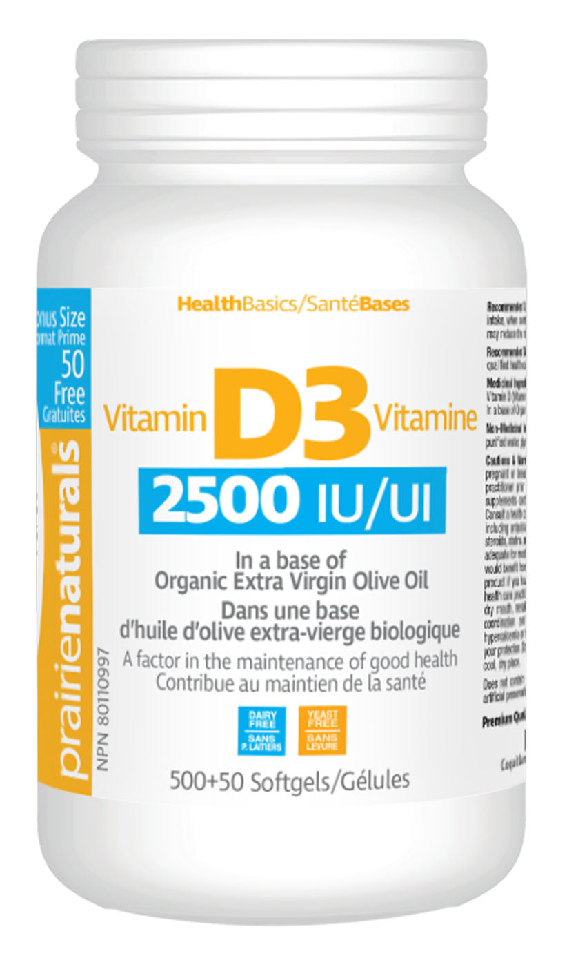 Prairie Naturals Vitamin D3 2500 IU, 500 + 50 Softgels