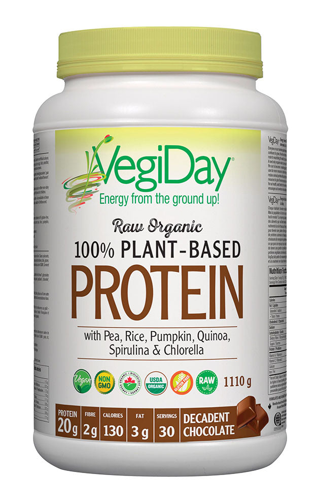 VegiDay Raw Organic 100% Plant Based Protein Decadent Chocolate, 1110 g