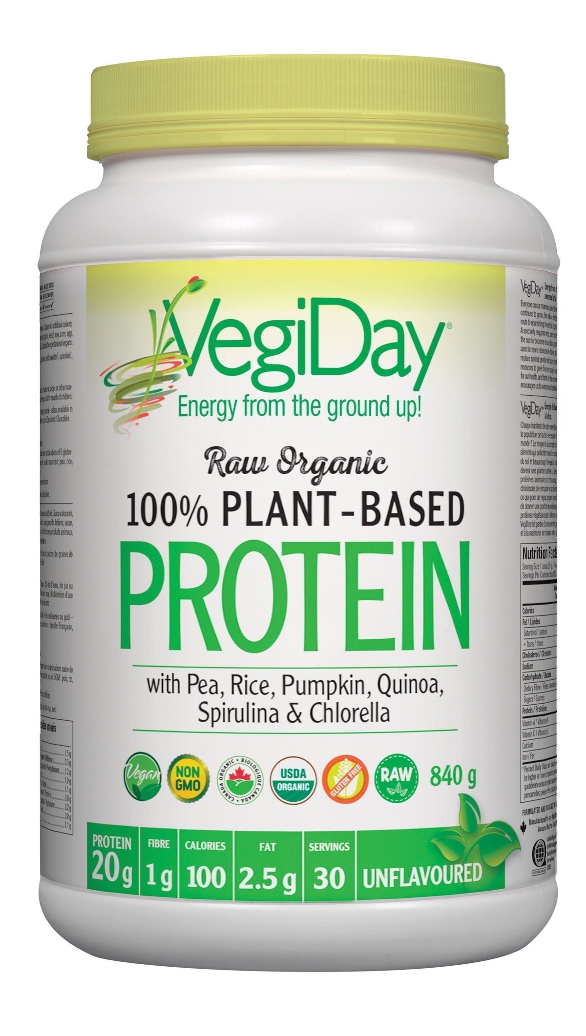 VegiDay Raw Organic 100% Plant Based Protein Unflavoured, 840 g