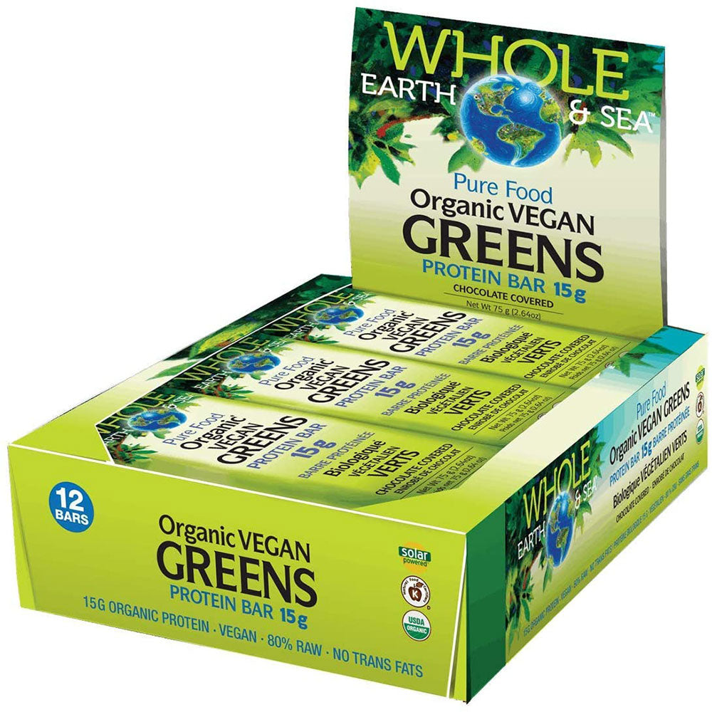 WHOLE EARTH & SEA Organic Vegan Greens Protein Bar Chocolate Box 12
