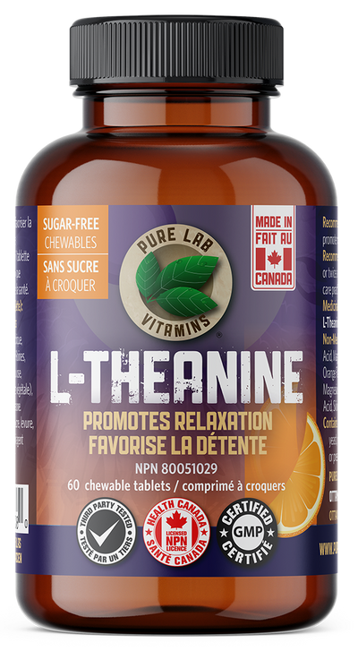 Bottle of Pure Lab Vitamins L-Theanine supplement on a white background