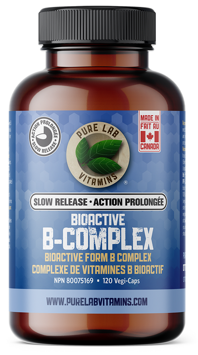 Brown supplement bottle labeled 'Bioactive B-Complex' with blue label on a white background