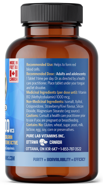Brown supplement bottle with blue label on a black background